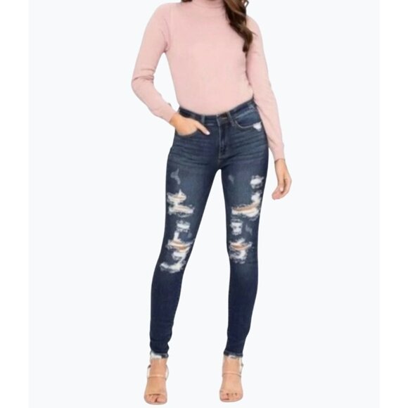 Judy Blue Womens Mid-Rise Distressed Skinny Jeans In Dark Blue Denim Size 9/29 - Picture 1 of 16
